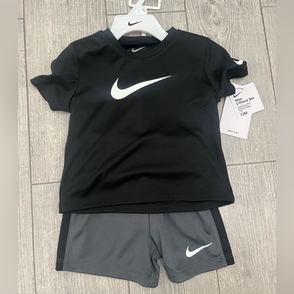 Nike 12 month Black Top & Gray Shorts Athletic Set with White Swoosh